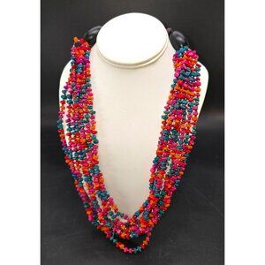 Vintage Multicolor Square Beaded Mult-Strand Necklace With Button Closure HS196